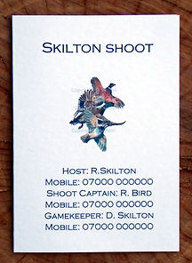 Bespoke shoot card showing shoot captain, gamekeeper and host details along with pheasant, duck and partridge
