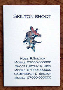 Bespoke shoot card showing shoot captain, gamekeeper and host details along with pheasant, duck and partridge