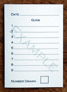 Bespoke personalised shoot card showing 9 guns template along with sweepstake number and date