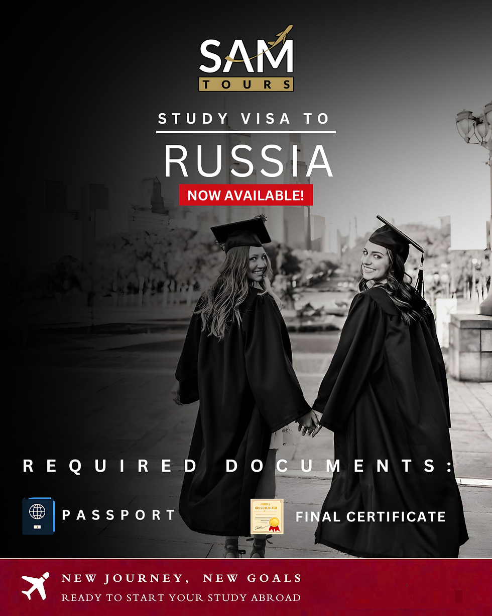 Study in Russia
Your future starts here!

Student visa now available ✔️
Simple requirements, smooth process:

• Passport
• Final Certificate

Apply today and take the first step toward your international education 🎓✈️
DM us now for full details!
Contact us: wa.me/76326763