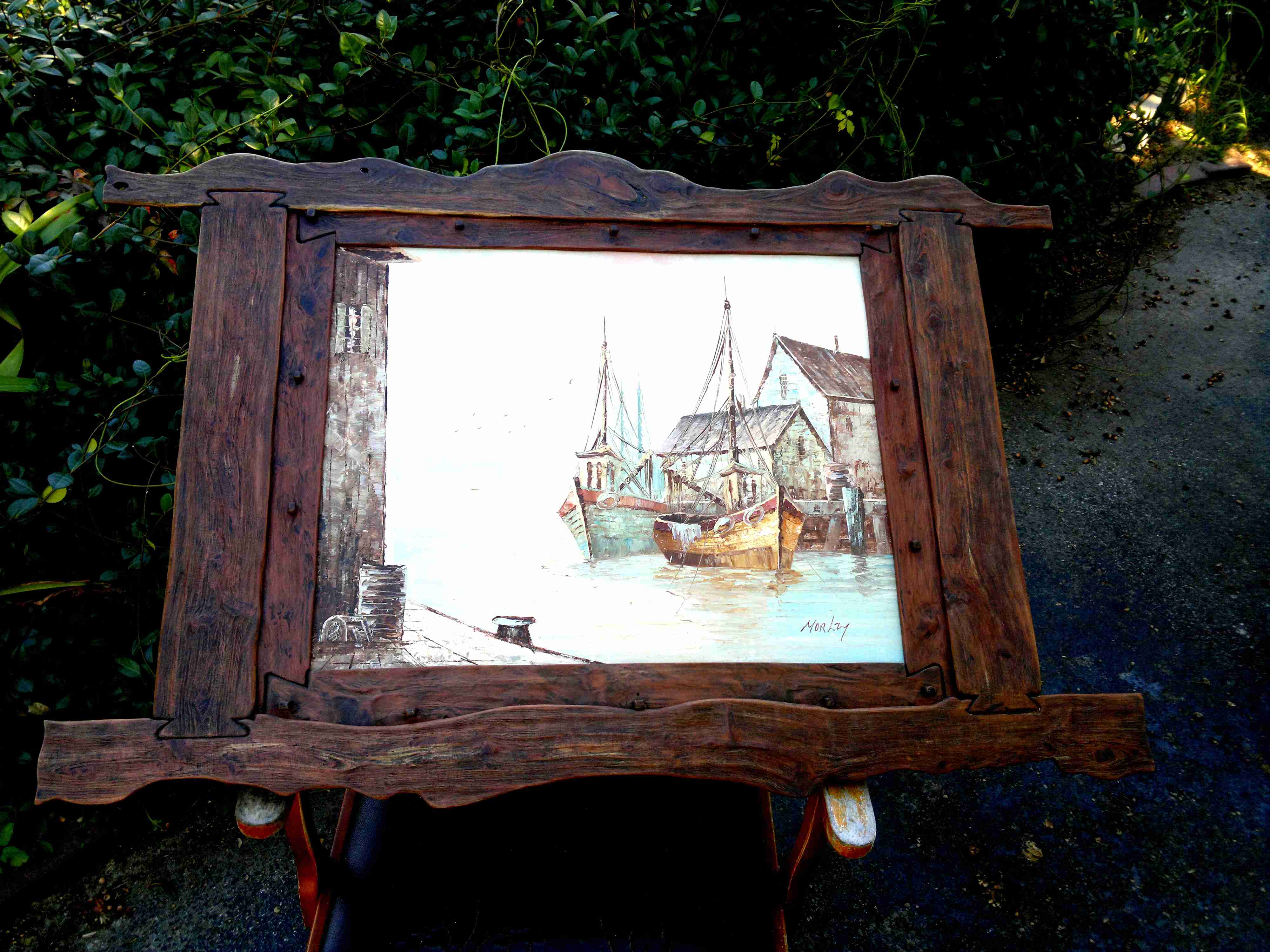 Oil painting with hand carved cedar