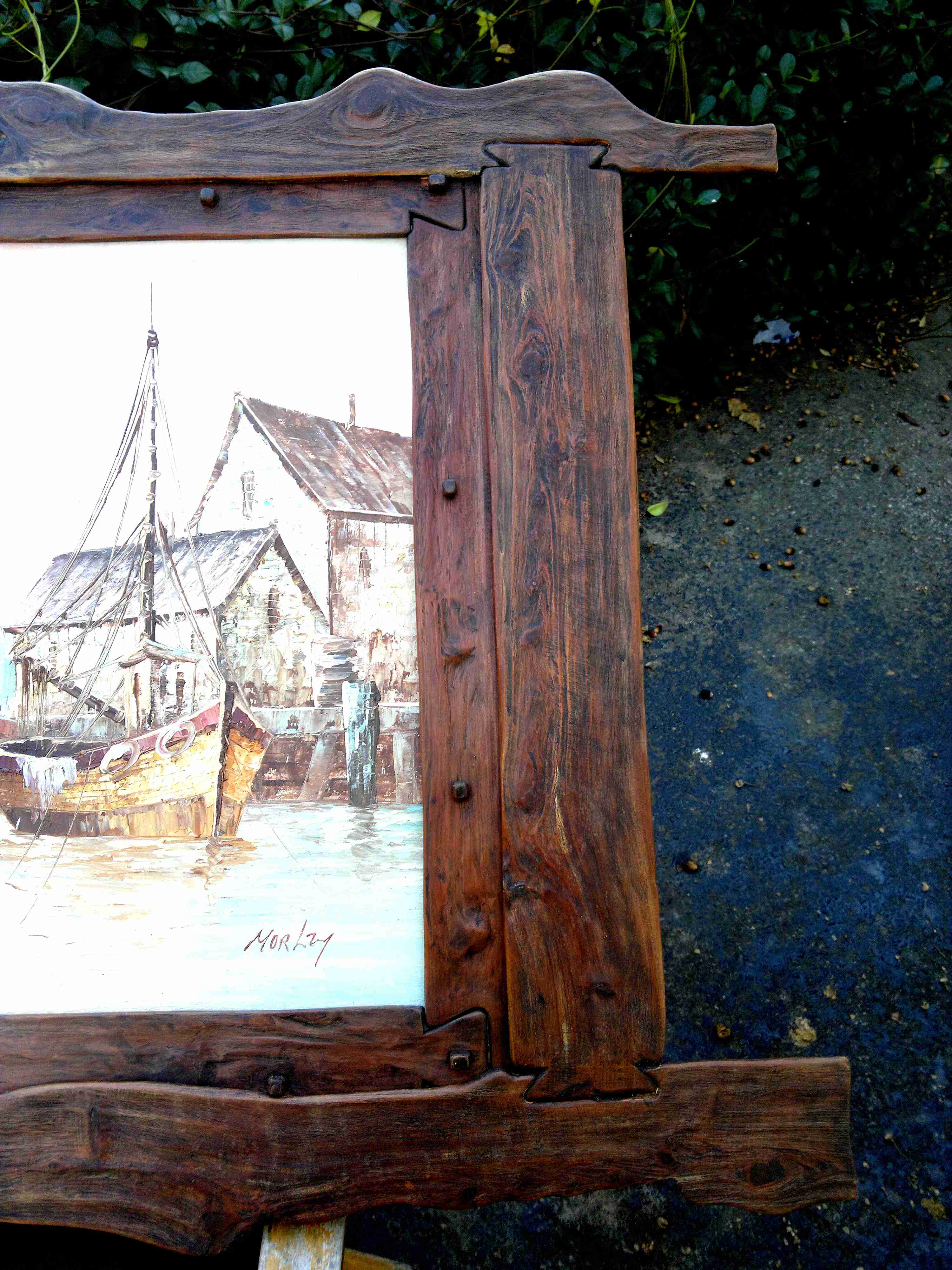 Oil painting with hand carved cedar