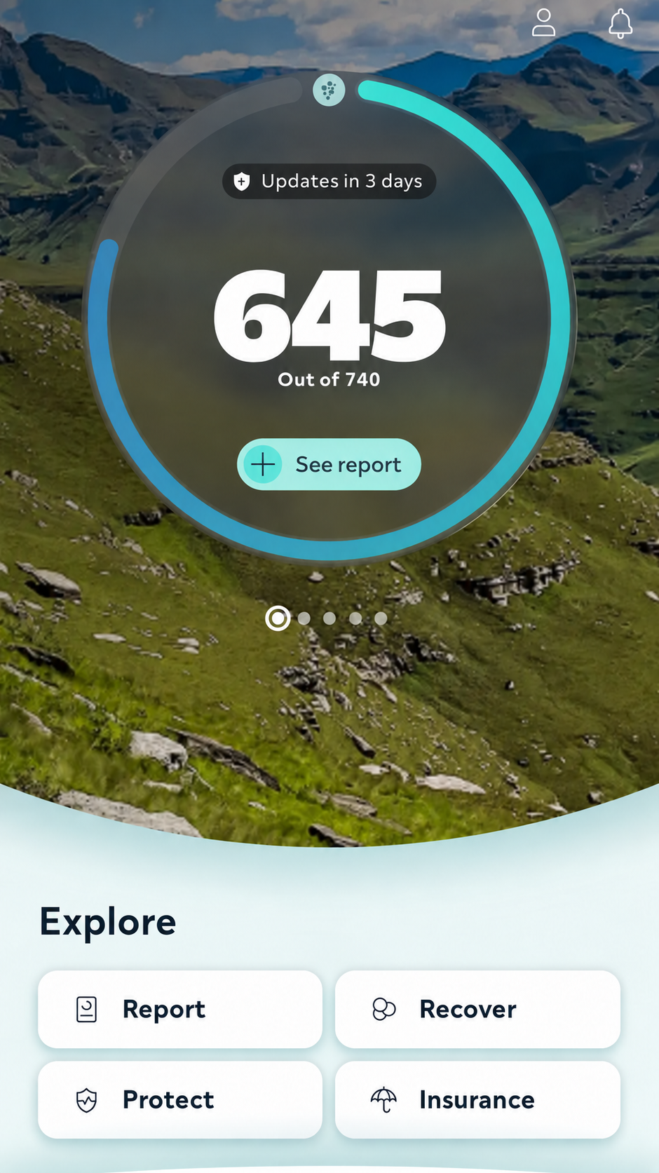 ClearScore app dashboard showing a credit score of 645 out of 740 with a See Report button and Explore menu on a South African user's smartphone