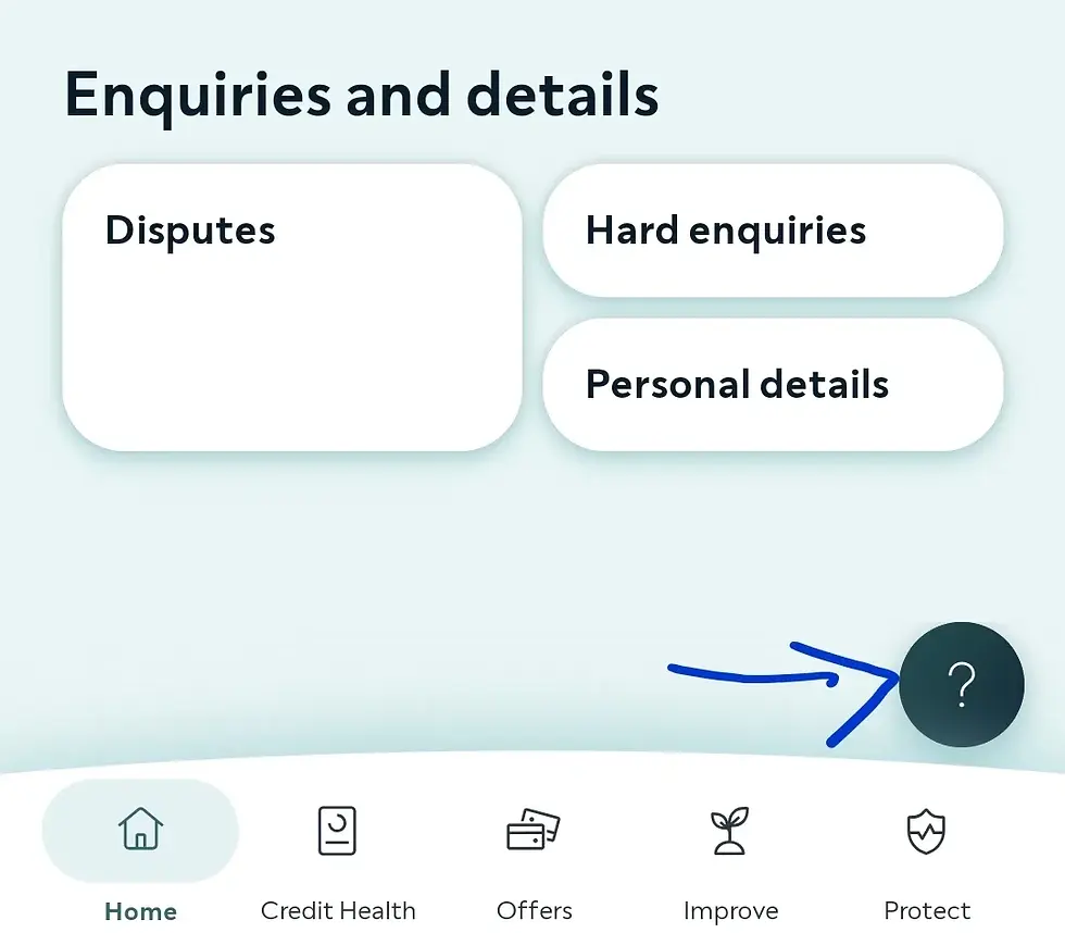 ClearScore app showing the Enquiries and details section with Disputes tile and an arrow pointing to the Help Chat question mark button at the bottom of the screen