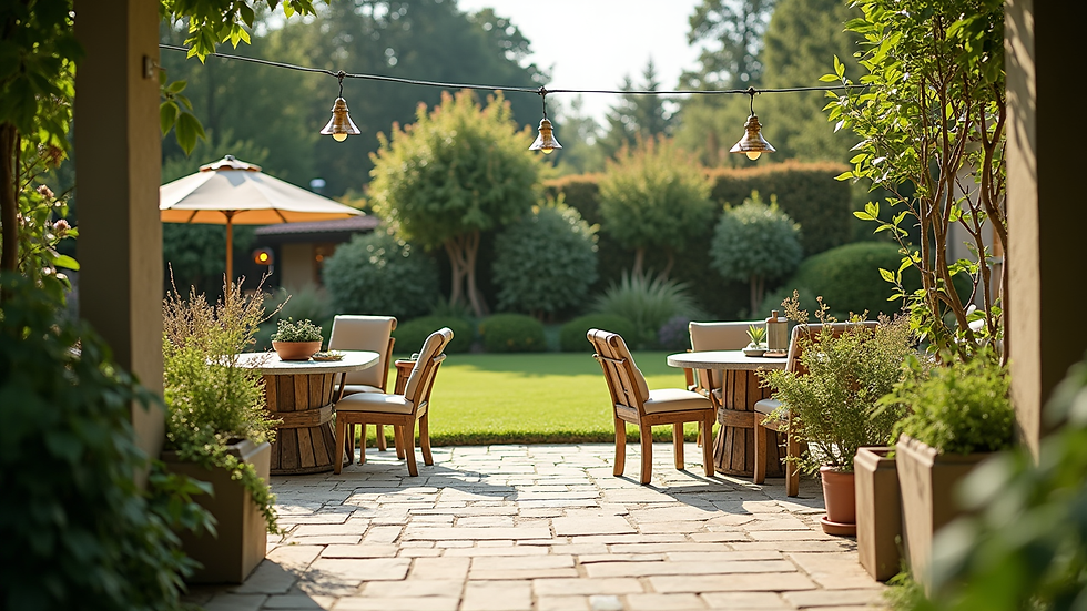 Wide angle view of a charming garden with outdoor seating