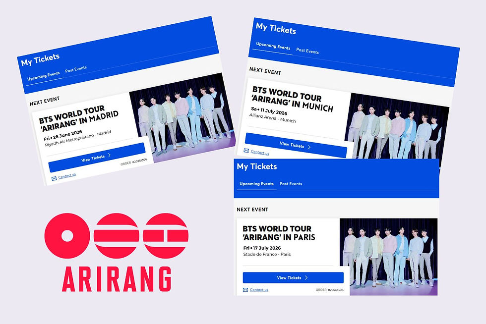 BTS concert ticket confirmation for European tour showing seat details and concert date