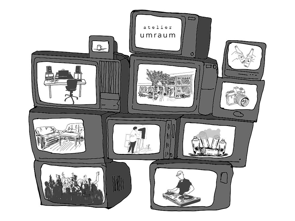 Schwarz-weiß Skizze eines Turms aus Rährenfernsehern, in denen verschiedene Symbolbilder des Atelier umraum gezeigt werden - Ein DJ-Pult, eine Staffelei, Sprühdosen, eine Kamera, ein Schreibtisch, eine tanzende Menge, eine gemütliche Sitzecke, Kaffe und Bier und die Fassade des Ateliers. 