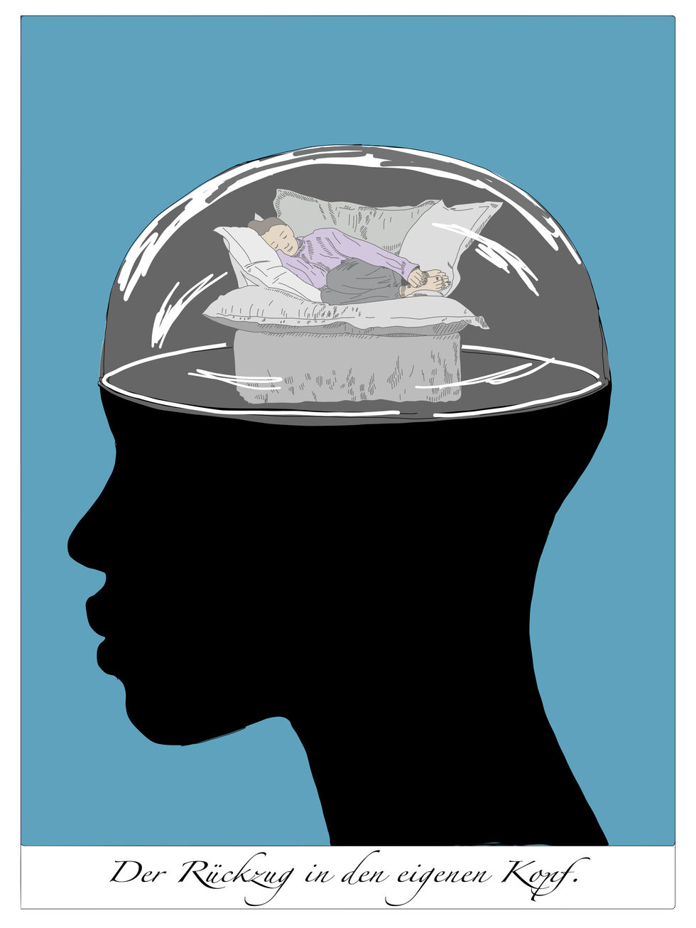 Ein Schattenriss eines Kopfs. Der obere Teil ist durchsichtig. Darin eine Person, die auf einem Sessel schläft.