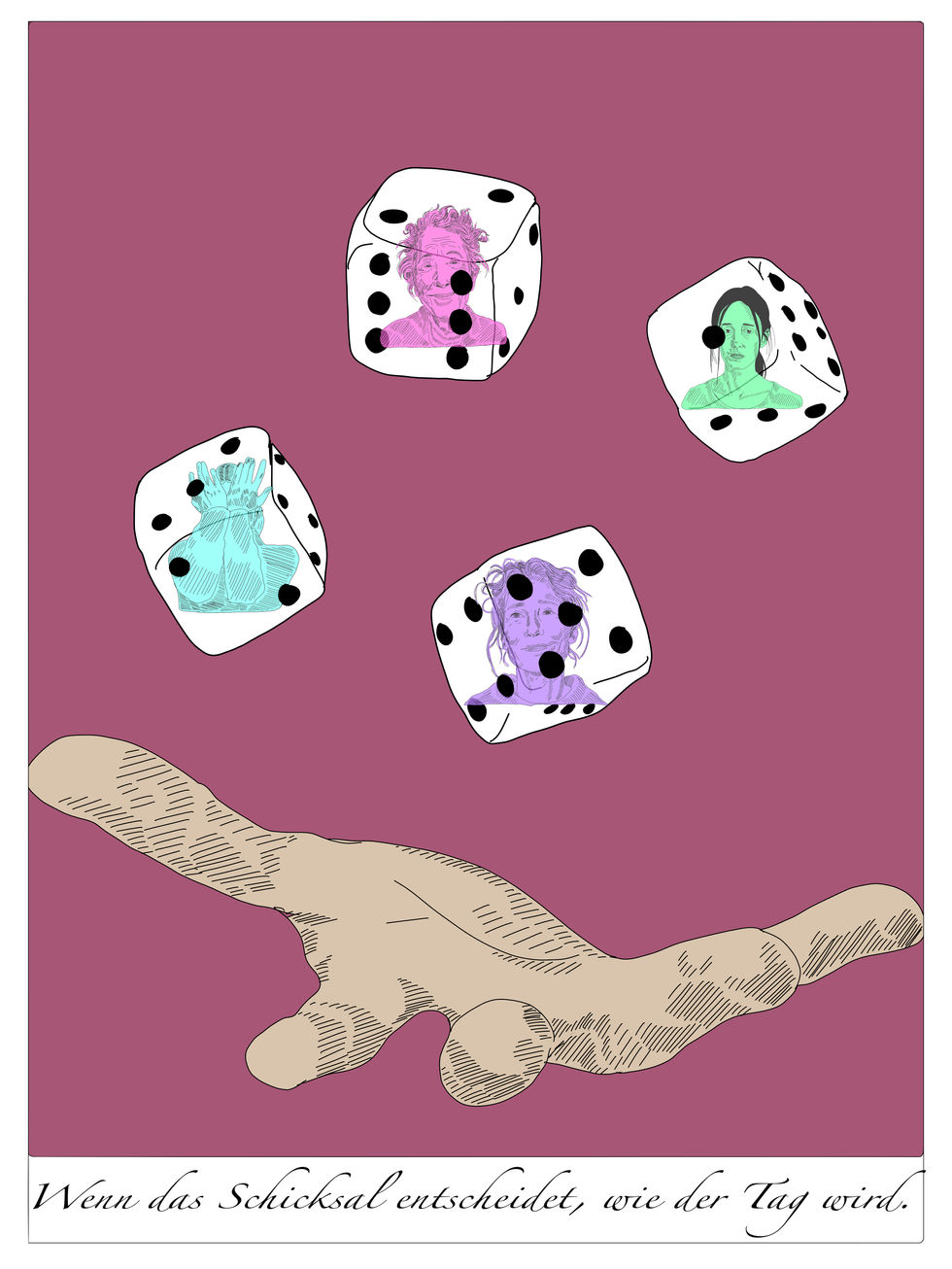 Eine Hand, die 4 Würfel in die luft wirft. Darauf Gesichter mit unterschiedlichen Ausdrücken - von traurig bis froh.