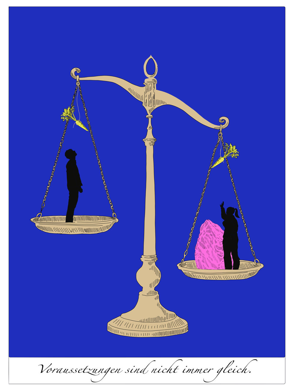 Auf einer Waage sind zwei Personen. Eine ist wegen einem pinken Stein neben ihr unten.