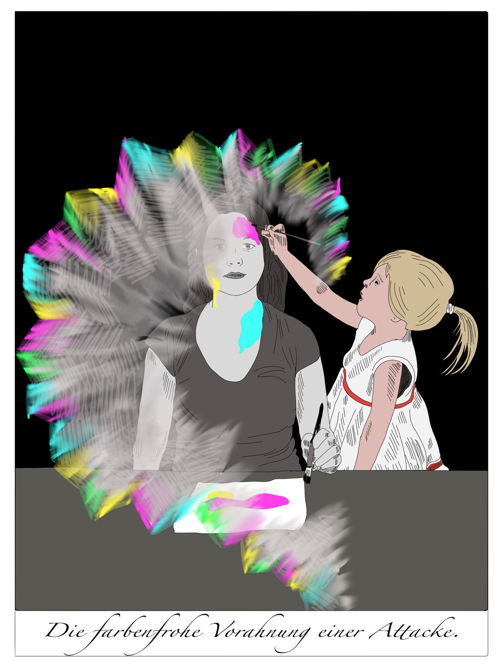 Eine Mutter sitzt müde an einem Tisch, ihre Tochter malt sie an. Um beide entspringt ein bunter Strahlenkranz.