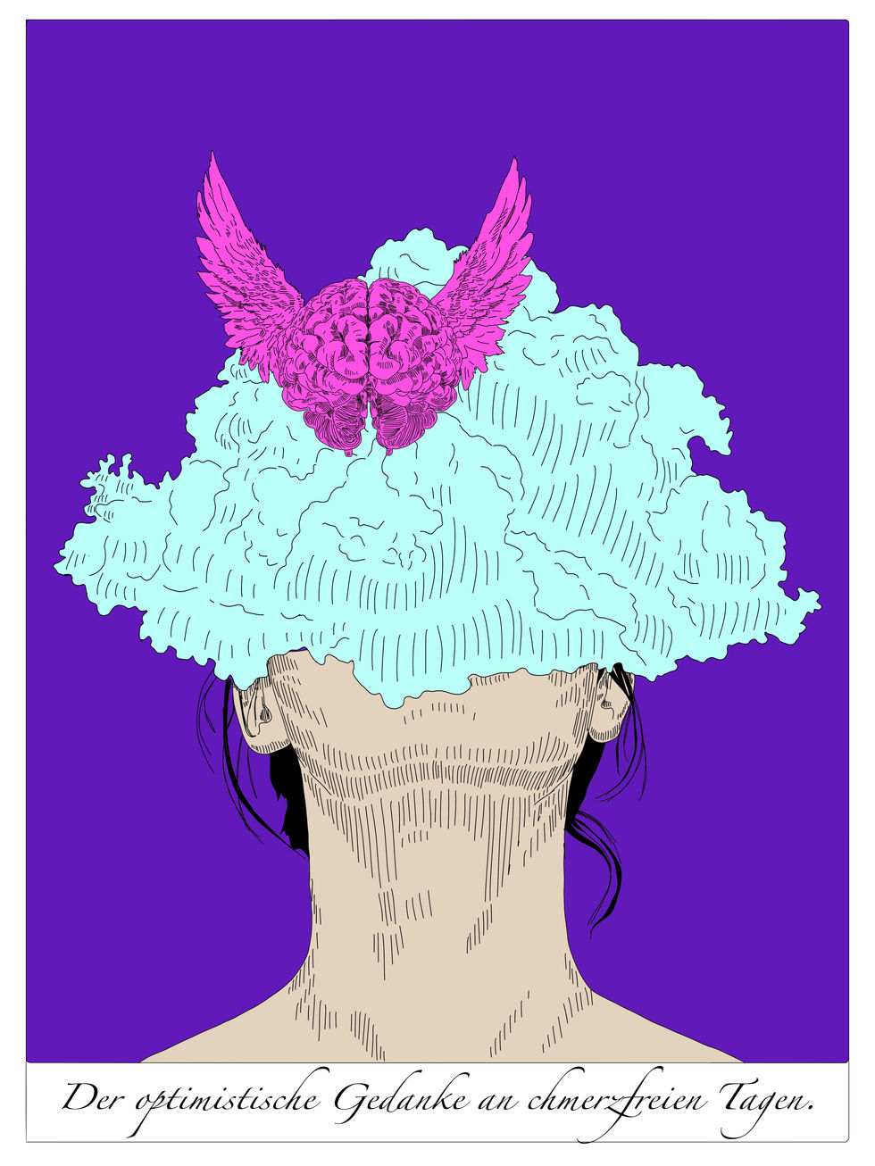 Ein nach oben gerichtetes Gesicht, verborgen von einer Wolke. Darüber ein Gehirn mit Flügeln.