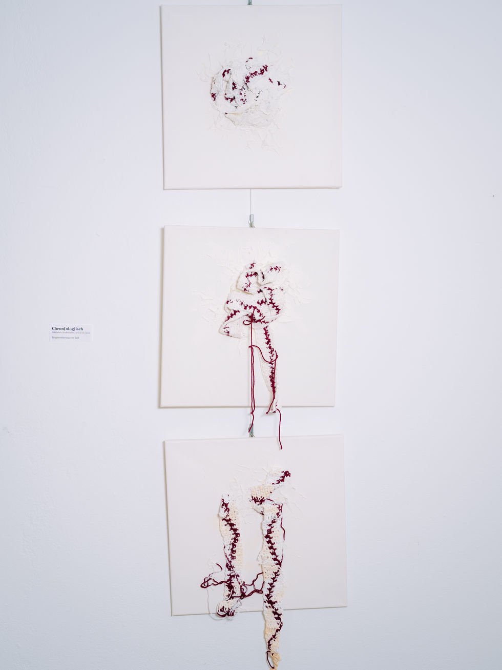 The three canvases with the crocheted pieces hang one above the other. At the top, you can see the knot that seems to burst out of the canvas in the middle. At the very bottom of the canvas, the crocheted strands hang down almost limply and tired.