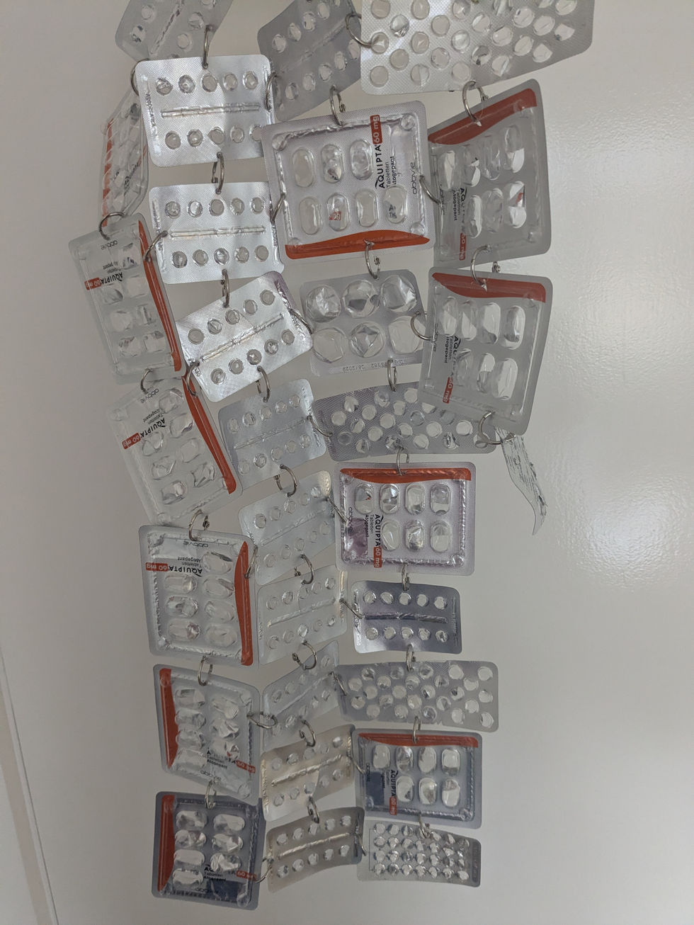 Visible are 3.5 rows of tablet blisters connected by metal rings.