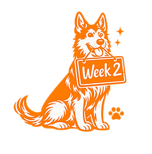 Illustration of a happy German Shepherd holding a 'Week 2' sign, representing the second week of the 101 Pet Parenting Course and continued positive reinforcement dog training.