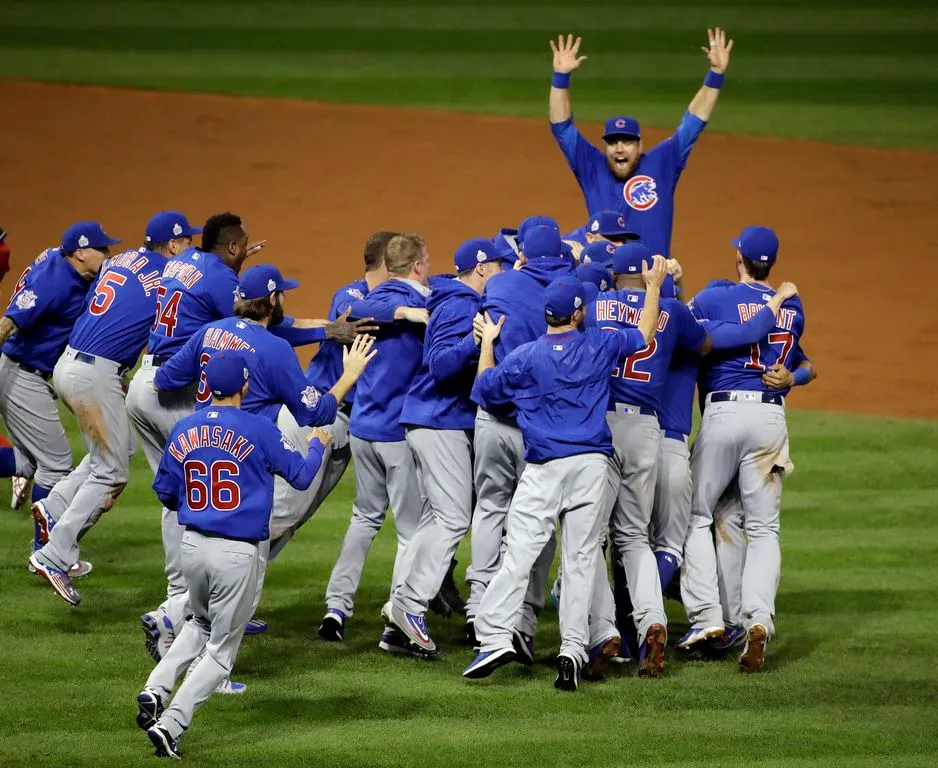 The Chicago Cubs celebrating winning the 2016 World Series.