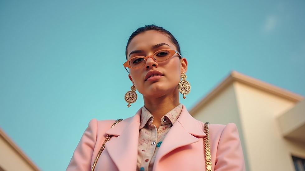 Eye-level view of a stylish individual wearing a pastel outfit with unique accessories