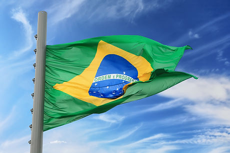 The Brazilian flag against the blue sky.