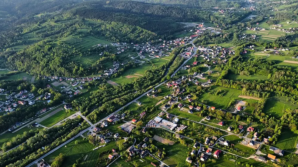 Aerial view of a scattered rural settlement in a valley with houses and mixed green spaces.