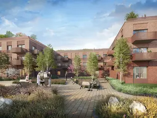 Aerial sketch of an urban Healthy Living Hub development showing integrated green spaces and parking infrastructure.