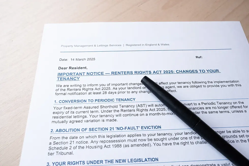 A close-up view of an official paper document titled "IMPORTANT NOTICE — RENTERS RIGHTS ACT 2025: CHANGES TO YOUR TENANCY," with a black pen resting across the text.