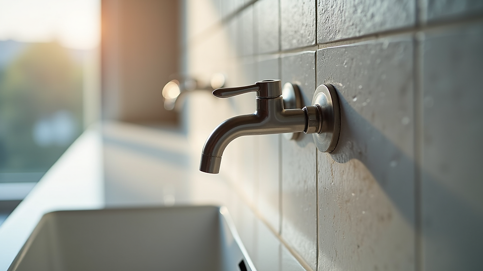 Close-up view of bathroom tiles and fixtures being installed