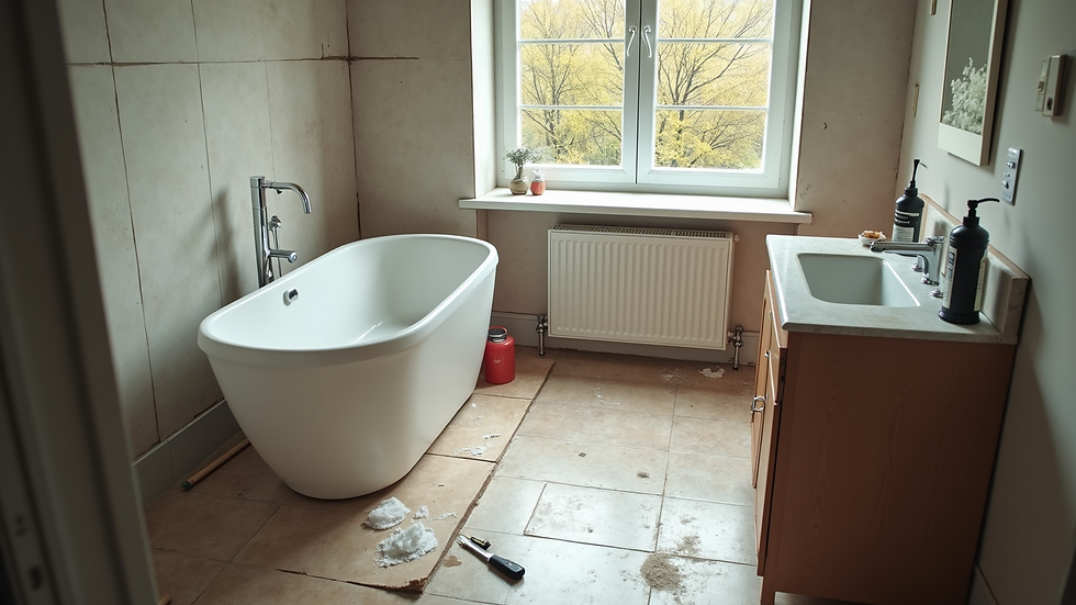High angle view of a bathroom renovation in progress with tools and materials