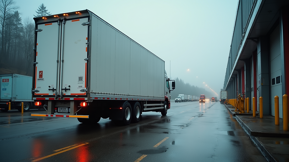 Eye-level view of a delivery truck parked at a loading dock in Prince Rupert