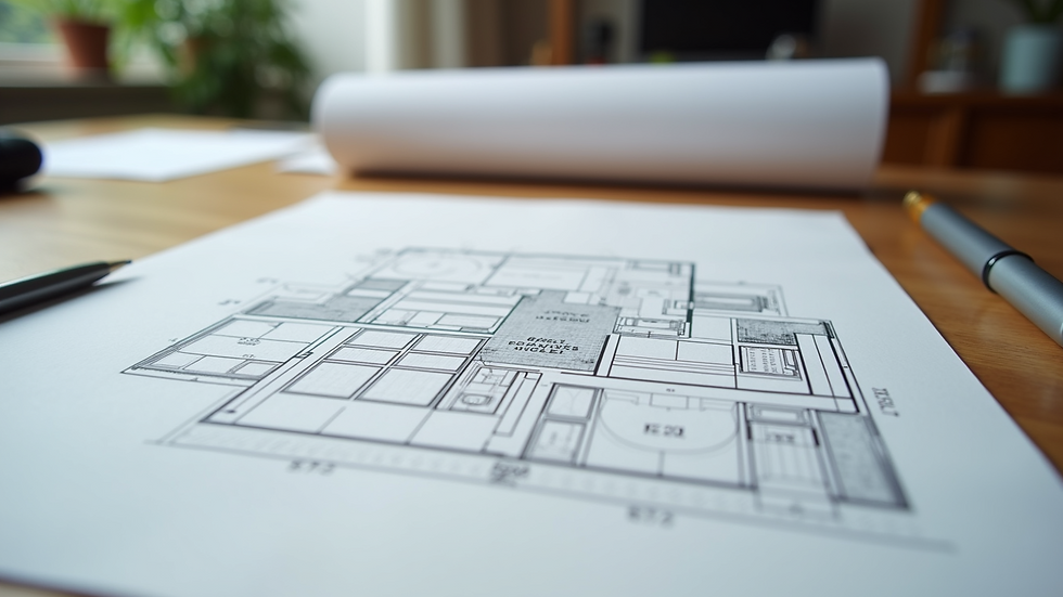 Eye-level view of a home renovation blueprint on a table