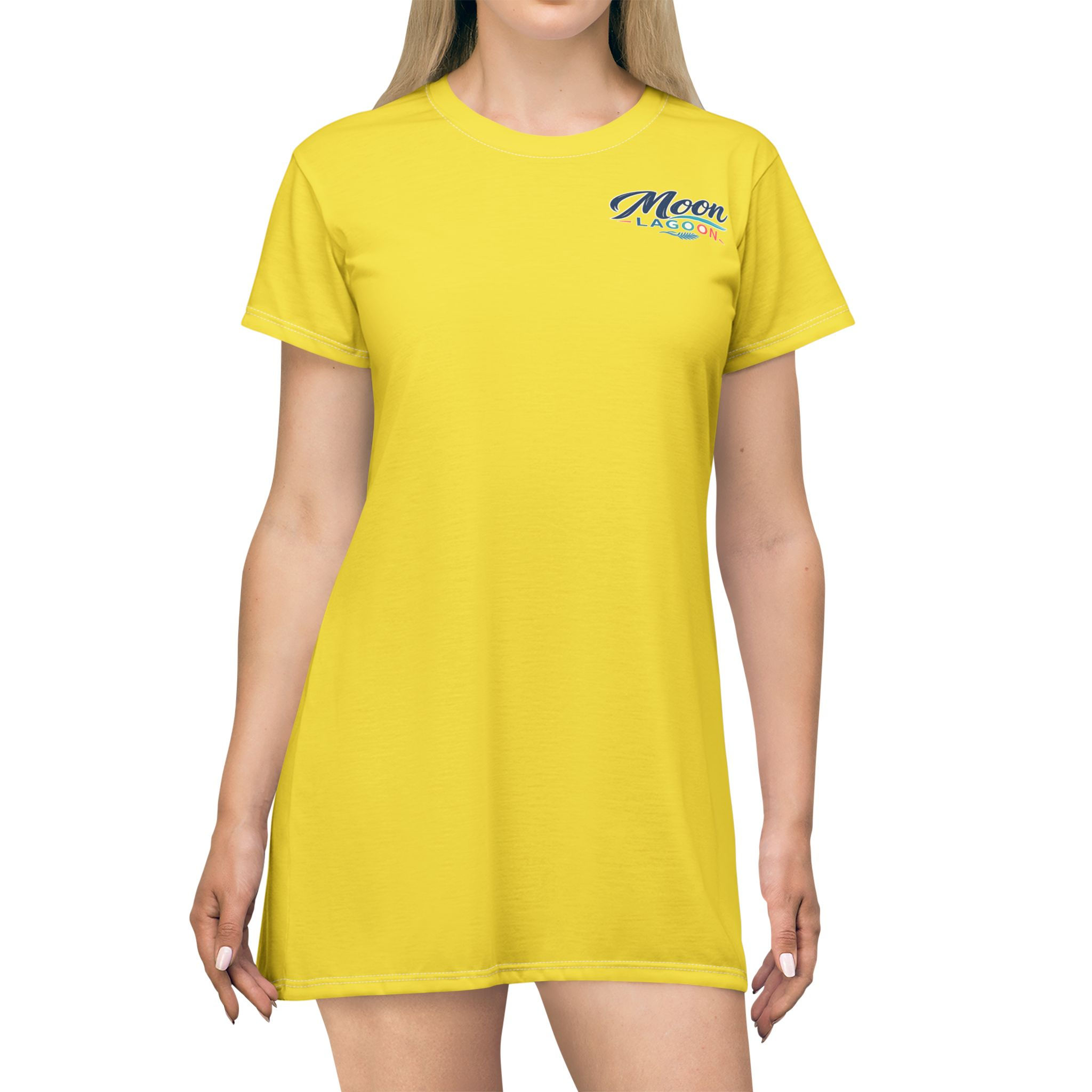 Moon Lagoon Yellow T-Shirt Dress — Retro Surf Logo AOP