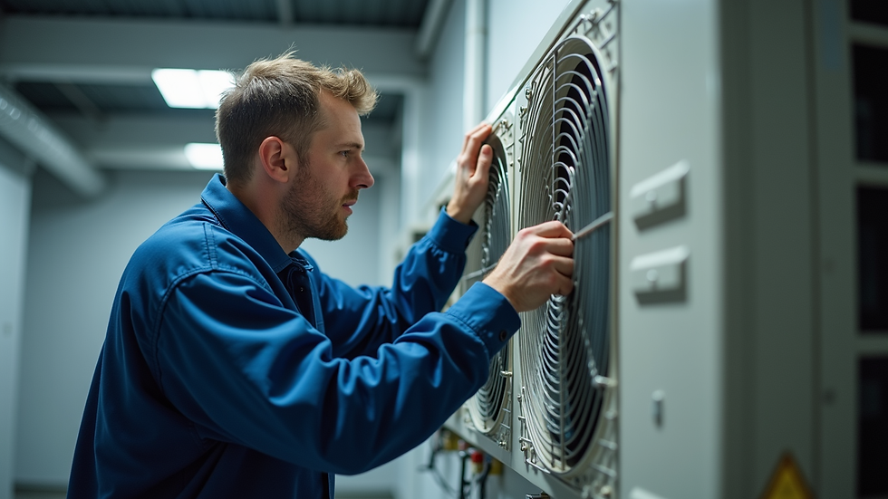 Eye-level view of HVAC technician inspecting commercial AC unit