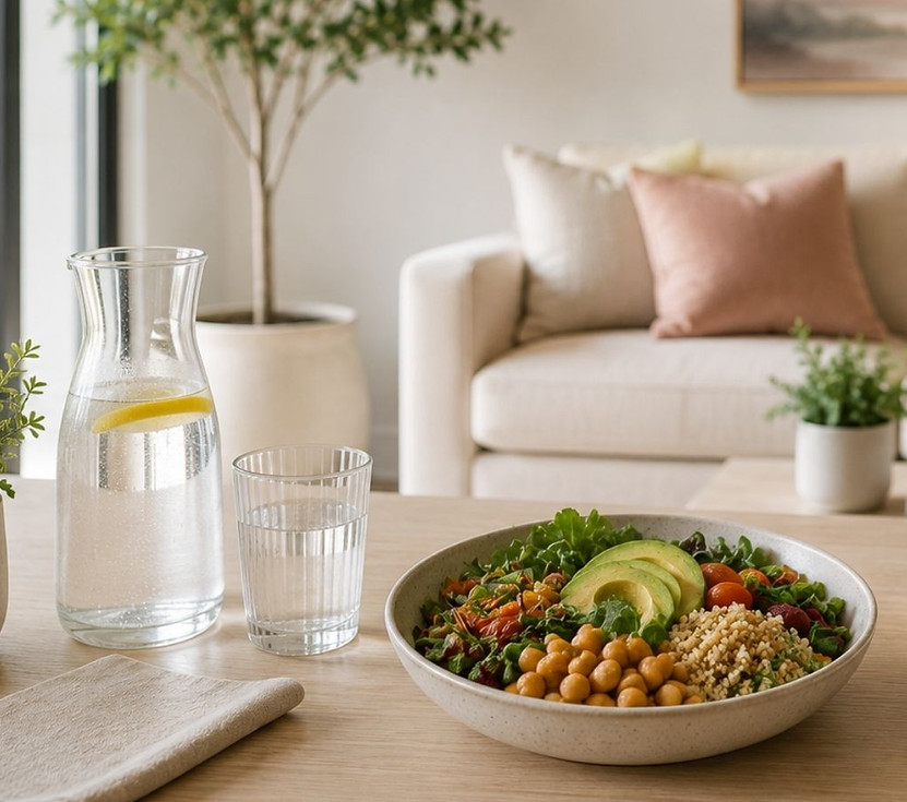 Pitcher of lemon water and a healthy grain bowl with avocado and chickpeas, supporting medical weight management for women in Tampa
