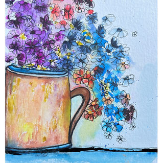 Aquarellmalerei mit locker gezeichnetem Blumenstrauß in einer Tasse, Blumen in Blau-, Violett- und Rosatönen, freie Linien und transparente Farben, TintenkillerArt