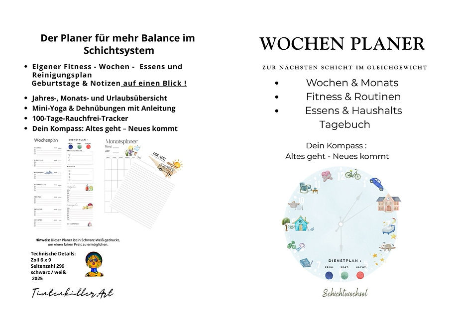Buch Cover Wochen Planer, schichtplaner, Vorderseite kleineI cons, Beschreibung, Hintersae