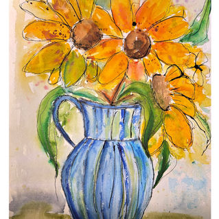 Drei Sonnenblumen in einer blauen Vase, gemalt mit Van Gogh Aquarellfarben , dezenter Hintergrund , von Tintenkiller.Art