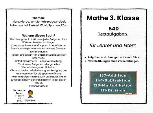 Buchcover eines Mathebuchs für die 3. Klasse mit 540 Textaufgaben zu Addition, Subtraktion