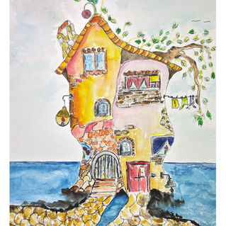 Aquarell eines fantasievollen Hauses am Meer mit schiefem Dach, bunten Fenstern, Steinmauern und einem Baum, der aus dem Haus wächst – Tintenkillerart - Kunst die Eindruck hinterlässt