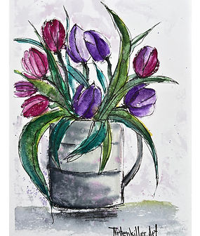 Aquarellgemälde mit lila und pinken Tulpen in einer grauen Gießkanne, umgeben von grünen B