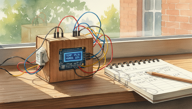 Close-up view of a handmade mini weather station with a sensor and small display beside a window