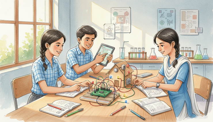 Wide-angle view of students building a small IoT model with sensors and wires on a classroom table