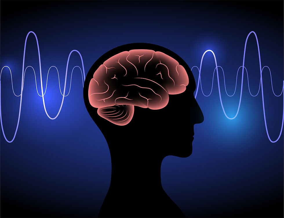 Illustration of a human head in profile with a glowing brain, set against a background of blue waves representing brain activity or neural signals.