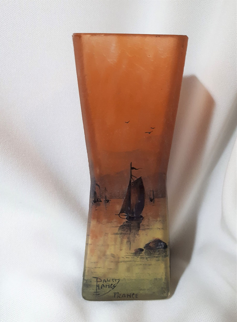 Daum Nancy France Enameled Cameo Glass Waisted Square Section Vase