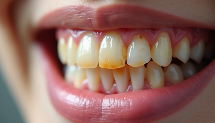 Close-up view of stained teeth showing discoloration on enamel