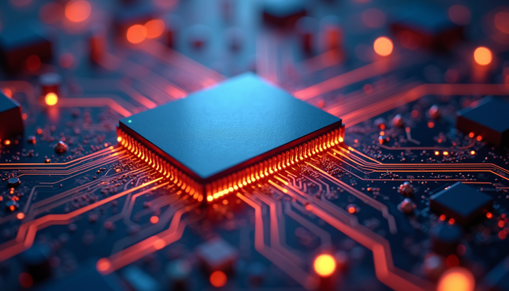 Close-up view of a quantum computer chip with glowing circuits