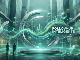 Ilustração abstrata corporativa com formas geométricas fluídas em tons verde-limão, teal profundo e azul-petróleo. Elementos que transmitem estratégia, precisão e análise comercial. Representação visual do conceito de Follow-Up Inteligente sem pessoas.