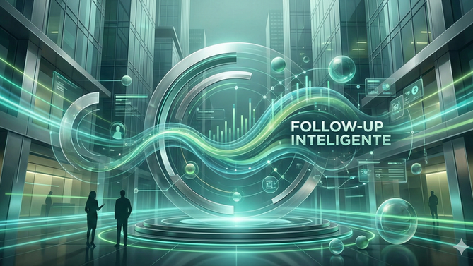 Ilustração abstrata corporativa com formas geométricas fluídas em tons verde-limão, teal profundo e azul-petróleo. Elementos que transmitem estratégia, precisão e análise comercial. Representação visual do conceito de Follow-Up Inteligente sem pessoas.