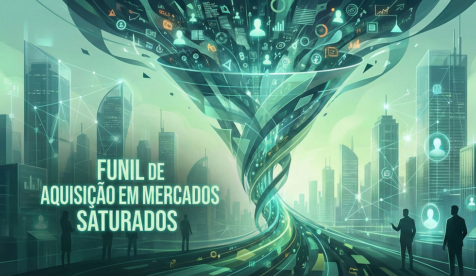 Ilustração abstrata sobre funil de aquisição em mercados saturados.