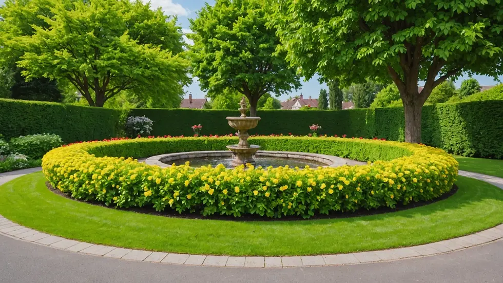 Wide angle view of a well-kept front yard with blooming flowers and trimmed hedges