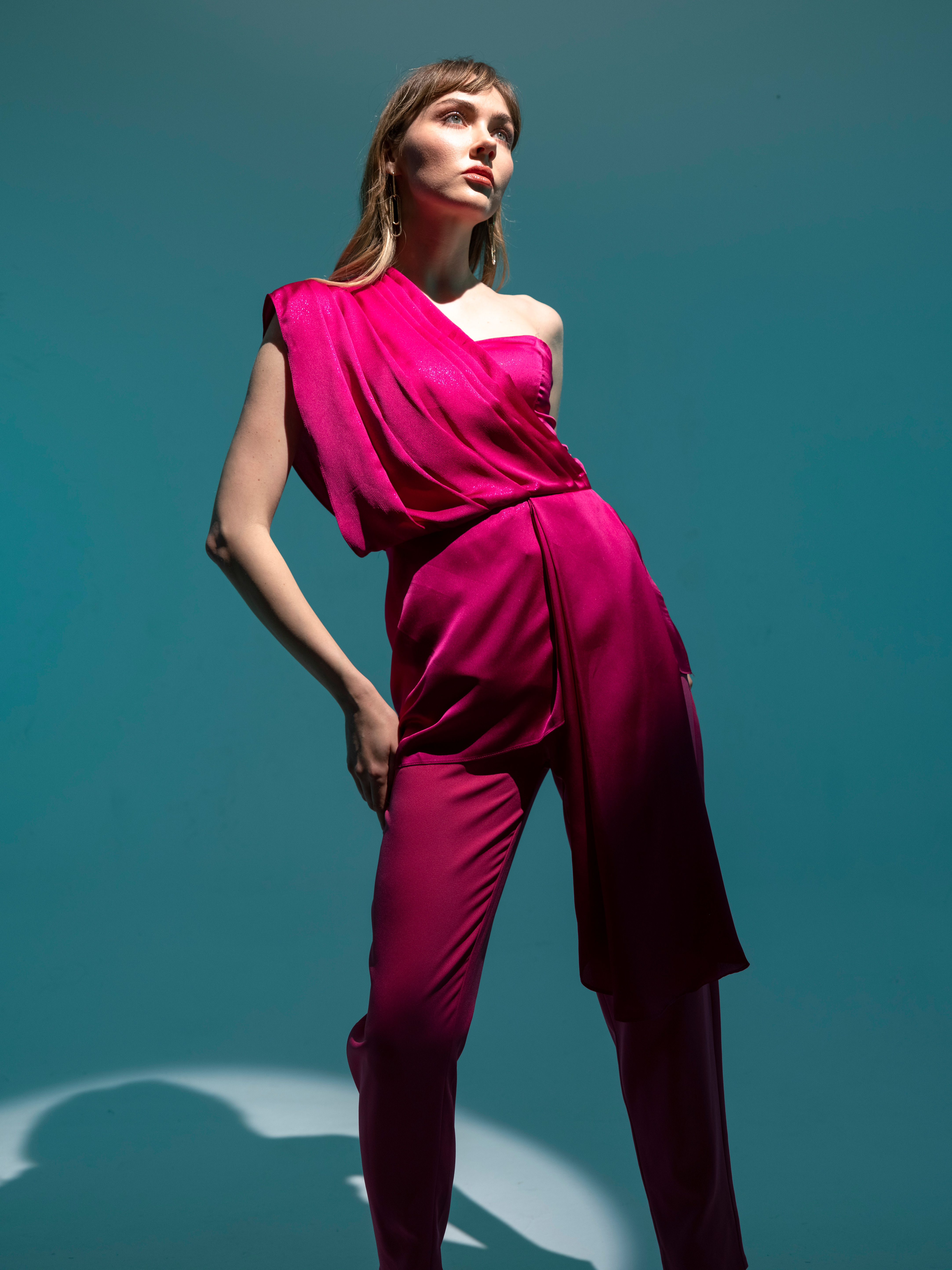One Sleeve Satin Top in Fuchsia