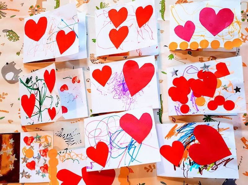Red hearts - DIY valentine's day cards made by preschoolers.